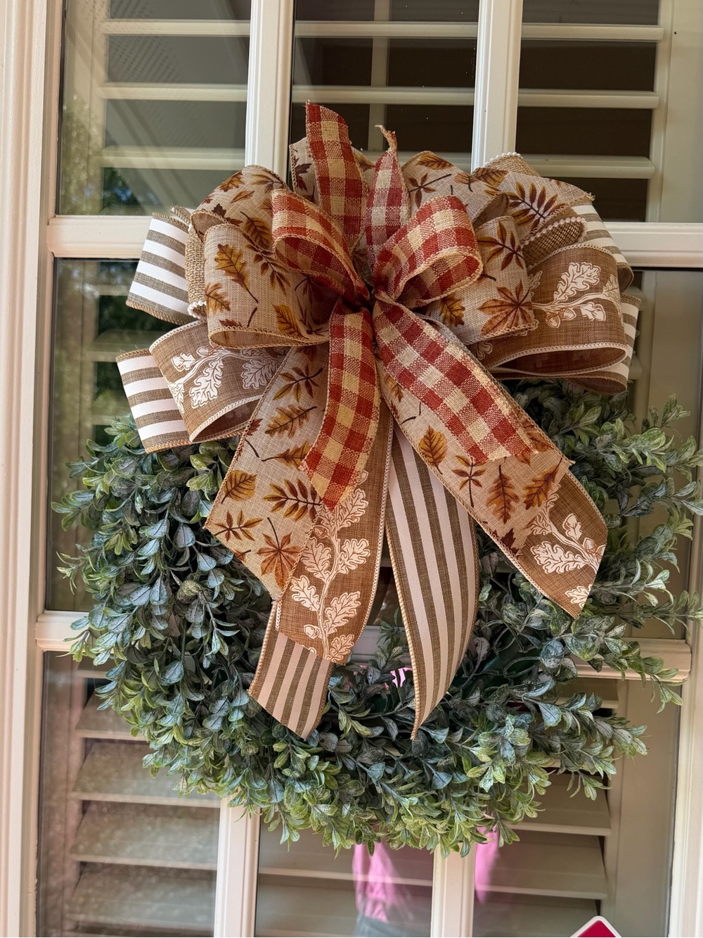 Neutral Plaid & Leaf Ribbon Wreath Bow - Rustic Fall Accent